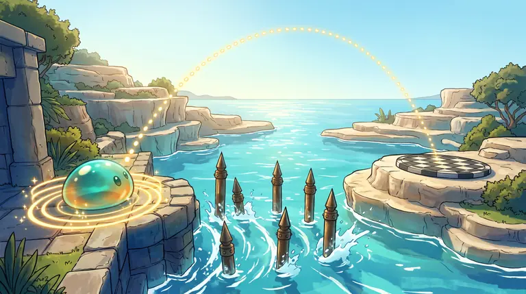 Een gloeiend turquoise slijmwezen laadt een hoge parabolische sprong op om over stekels en zeewater op een geblokt platform te landen.