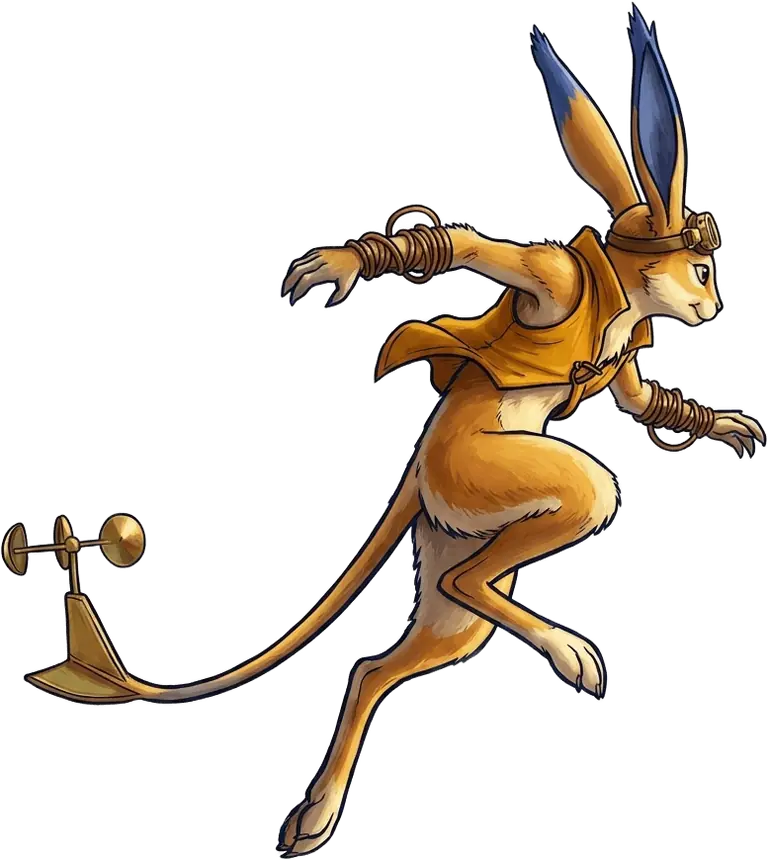 Vrijstaande figuur van Sprinta Vane in een dynamische parkoursprong met haar koperen windmeter-staart.